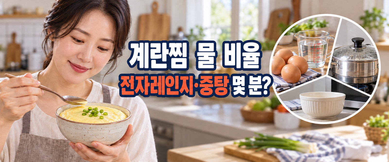 계란찜 물 비율과 전자레인지·중탕 조리시간을 안내하는 표지: 계란찜, 달걀과 계량컵, 냄비와 그릇