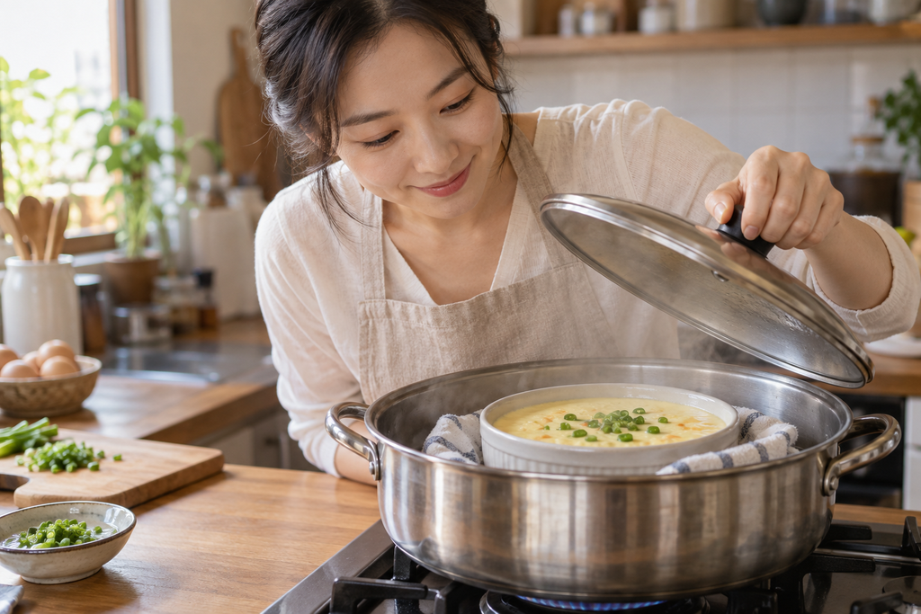 냄비 안 그릇에 담긴 계란찜의 상태를 뚜껑을 열어 확인하는 중탕 조리 예시