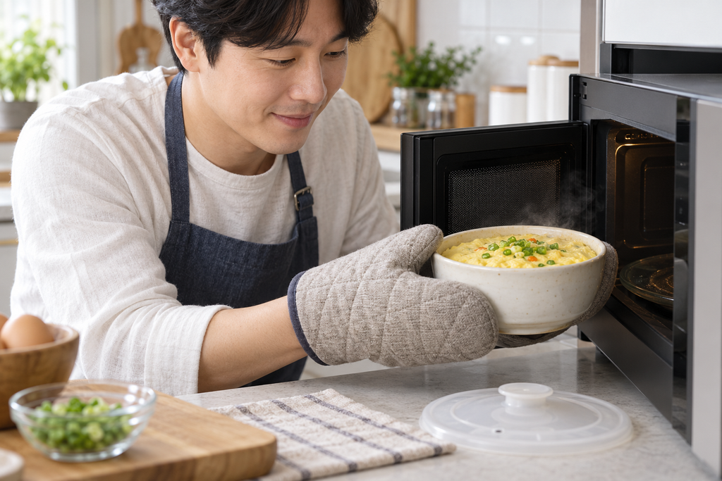 주방장갑을 끼고 전자레인지에서 계란찜 그릇을 꺼내는 예시 이미지