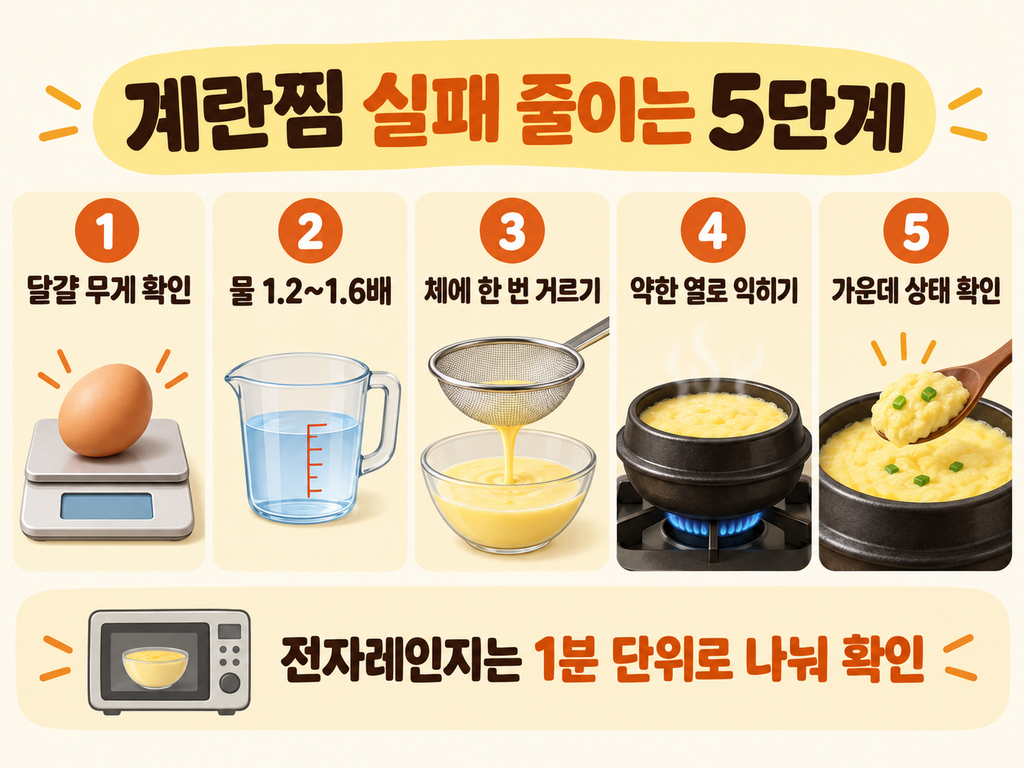 계란찜 실패를 줄이는 5단계: 달걀 무게 확인, 물 1.2~1.6배, 체에 거르기, 약한 열로 익히기, 가운데 상태 확인. 전자레인지는 1분 단위로 나눠 확인.