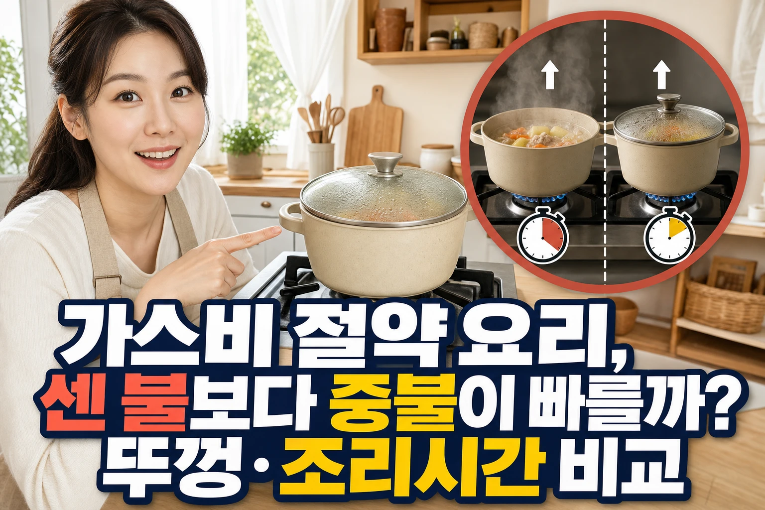 가정 주방에서 냄비 크기에 맞춰 가스레인지 불세기와 뚜껑 사용을 비교하는 모습