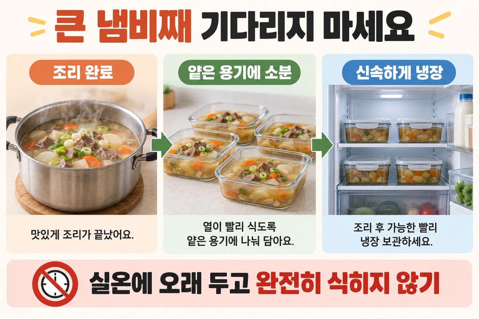 남은 국 보관법: 조리 후 얕은 용기에 나누어 신속하게 냉장하는 순서