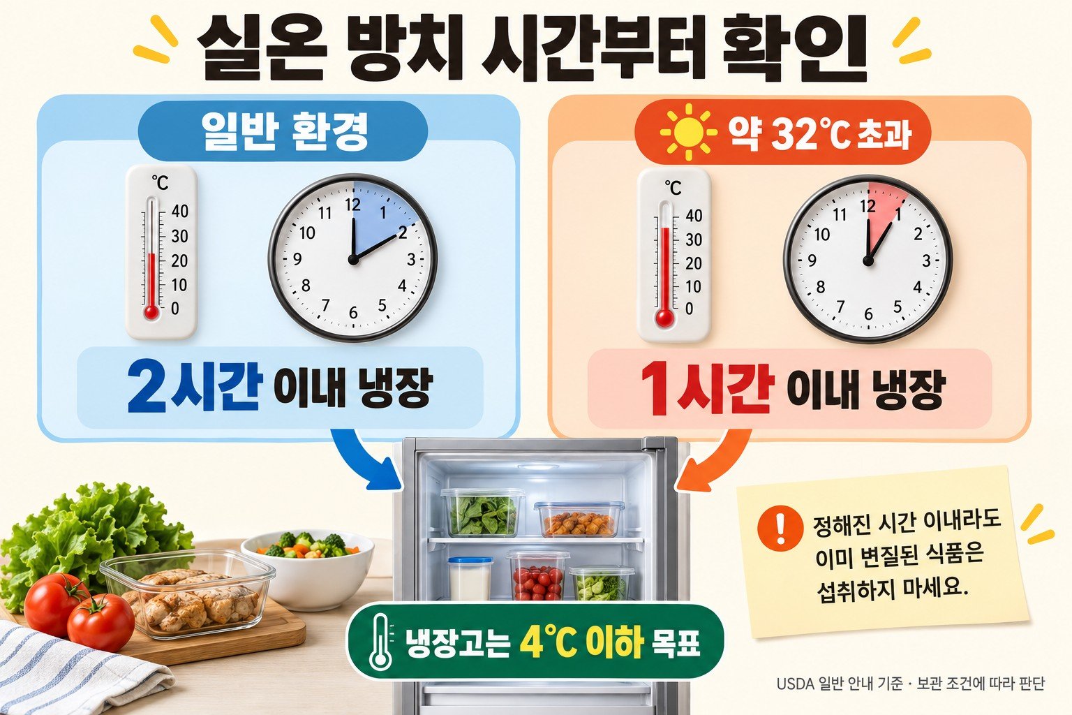 남은 국은 일반 환경에서 2시간, 약 32도 초과에서는 1시간 이내 냉장하는 일반 안내