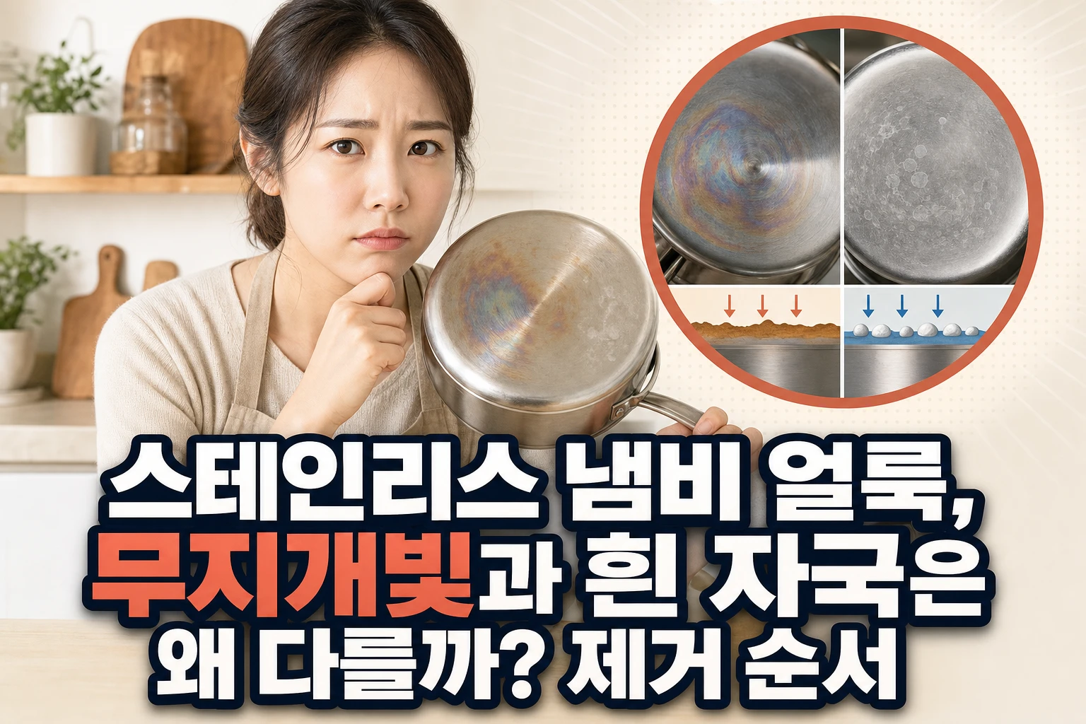 스테인리스 냄비 얼룩, 무지개빛과 흰 자국은 왜 다를까? 제거 순서