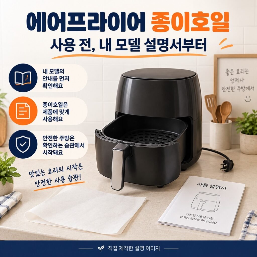 종이호일을 넣기 전에 에어프라이어 제조사 설명서를 확인하는 장면