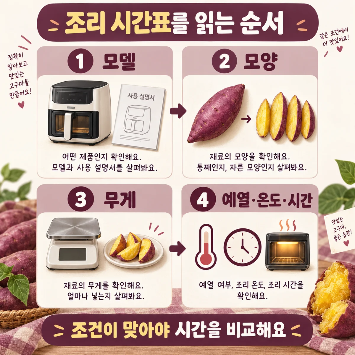 에어프라이어 모델, 고구마 모양, 무게를 확인하고 예열 온도와 시간을 정하는 순서