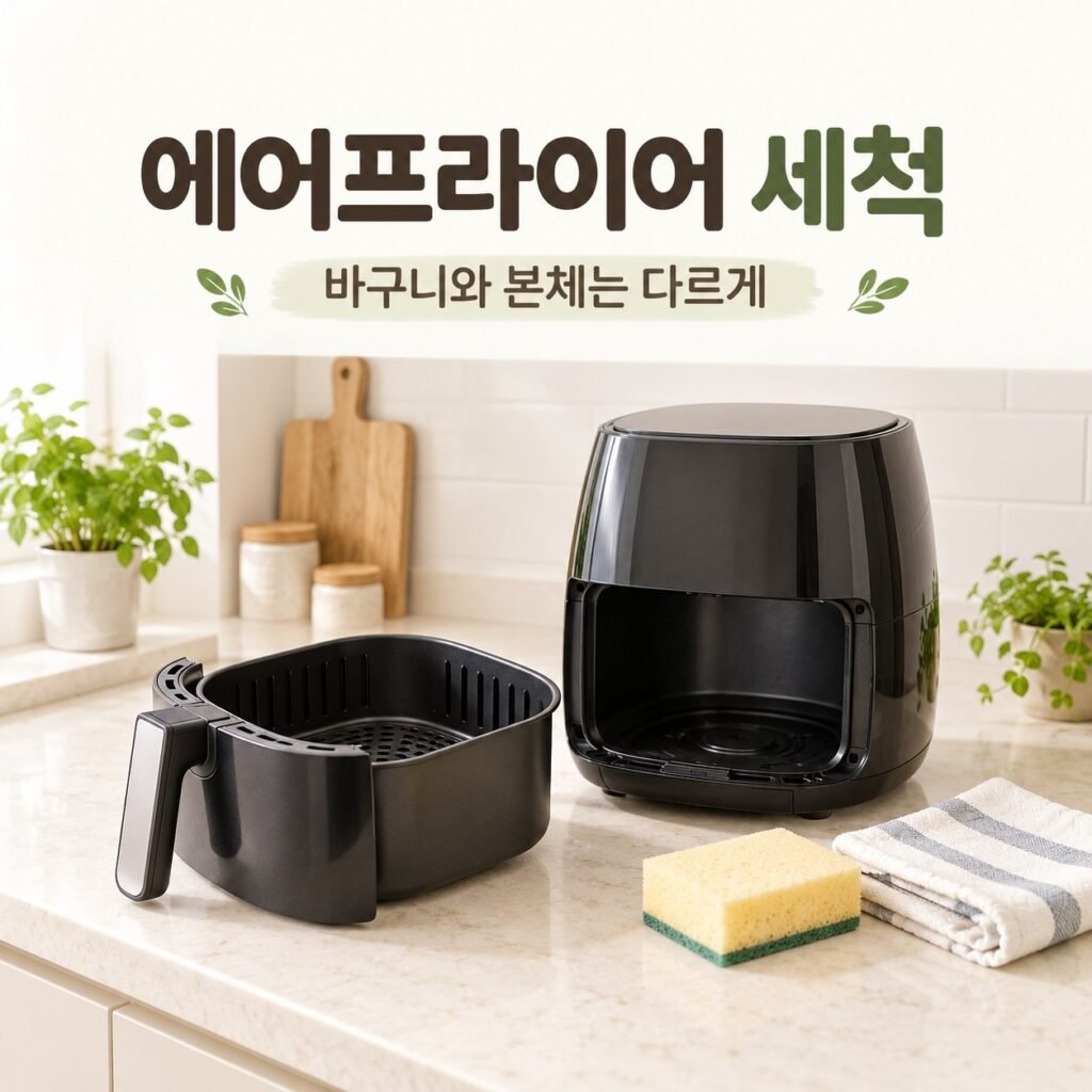 에어프라이어 세척에서 바구니와 본체를 구분하는 제목 이미지