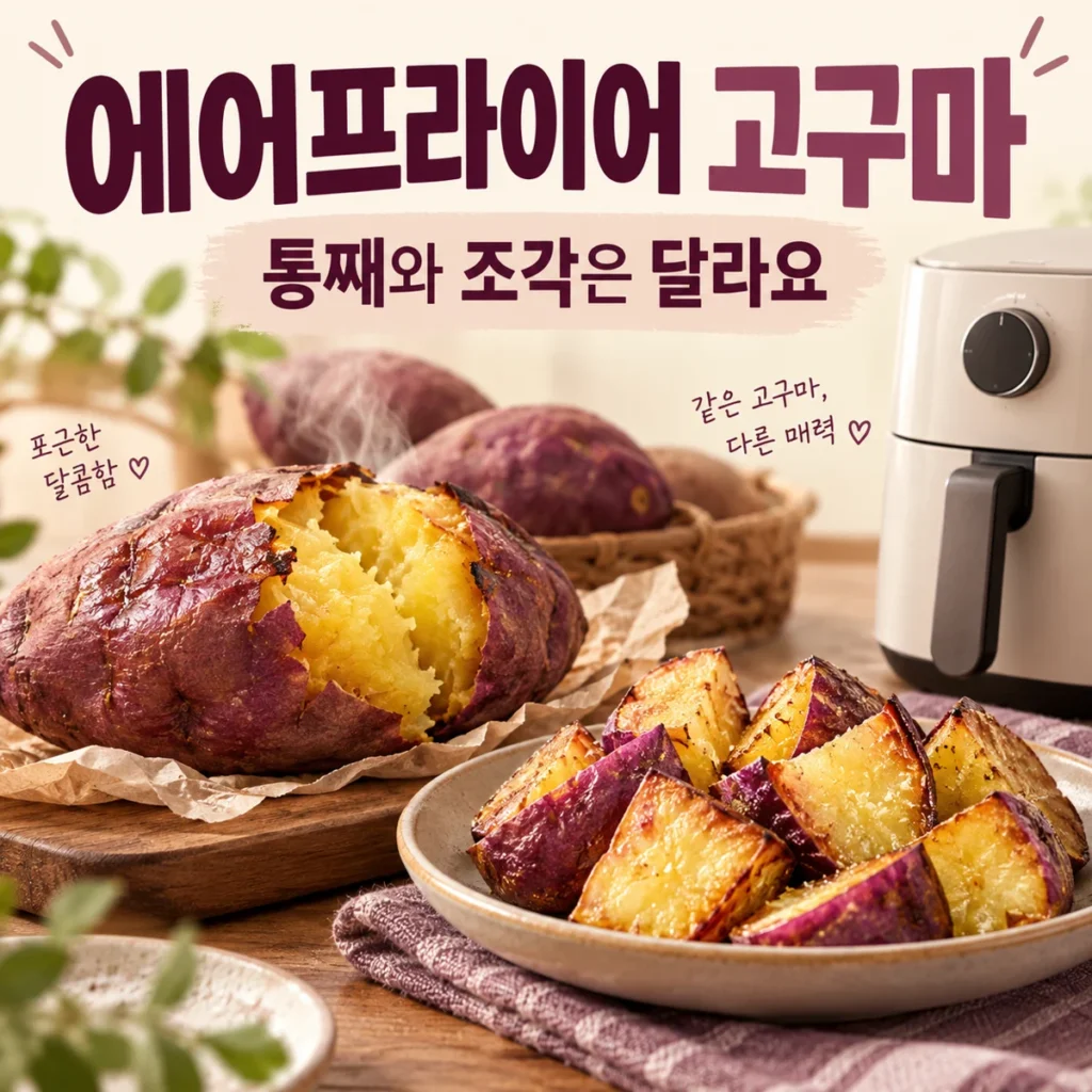 통고구마와 조각 고구마의 에어프라이어 조리 조건을 구분하는 안내