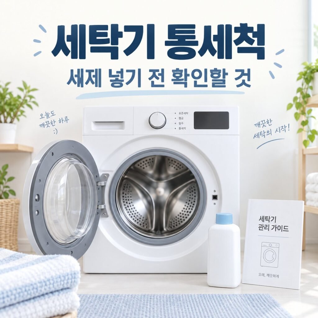 세탁기 통세척 전에 모델 설명서와 세제 사용 조건을 확인하는 제목 이미지
