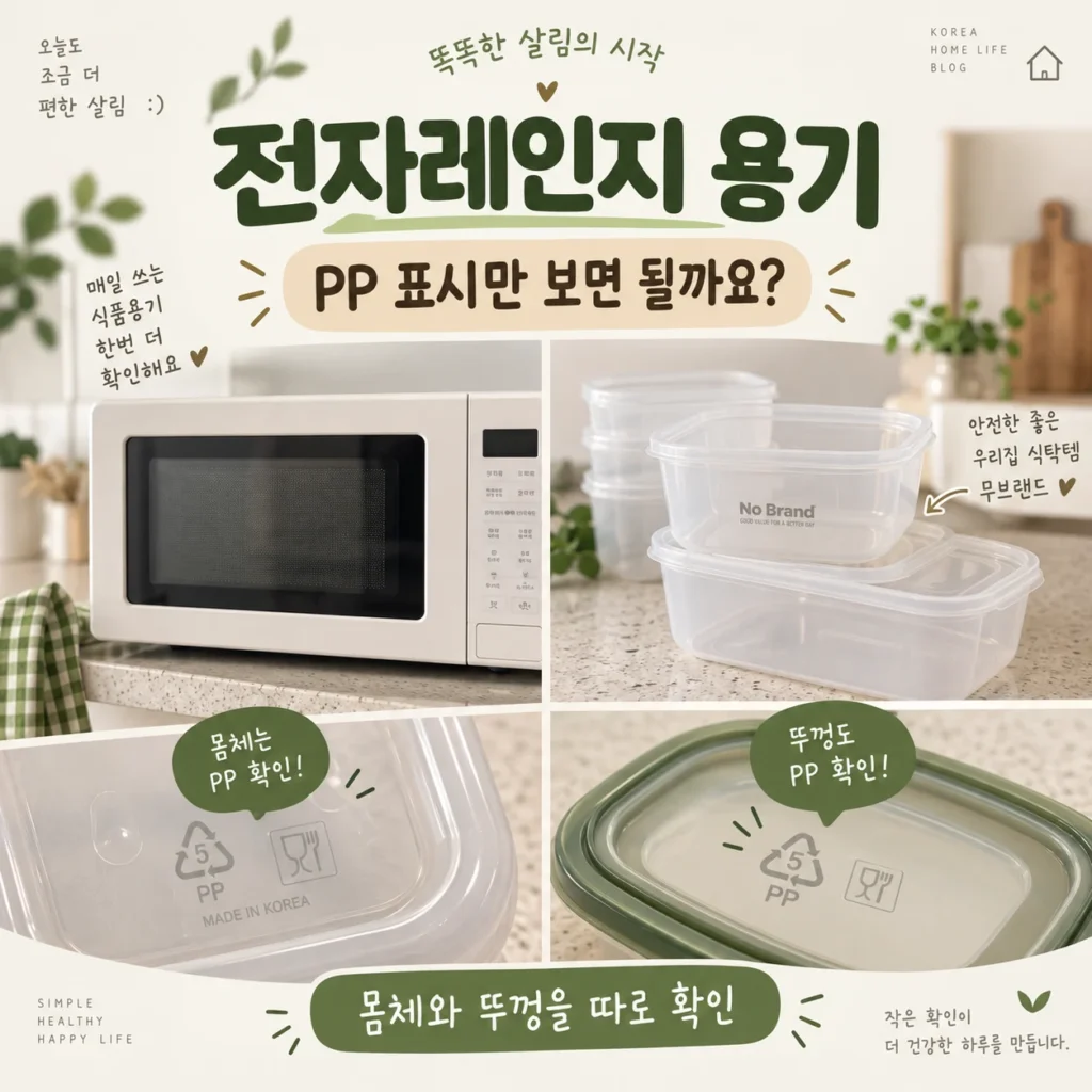 전자레인지 용기는 PP 재질과 함께 제품 사용 표시를 확인