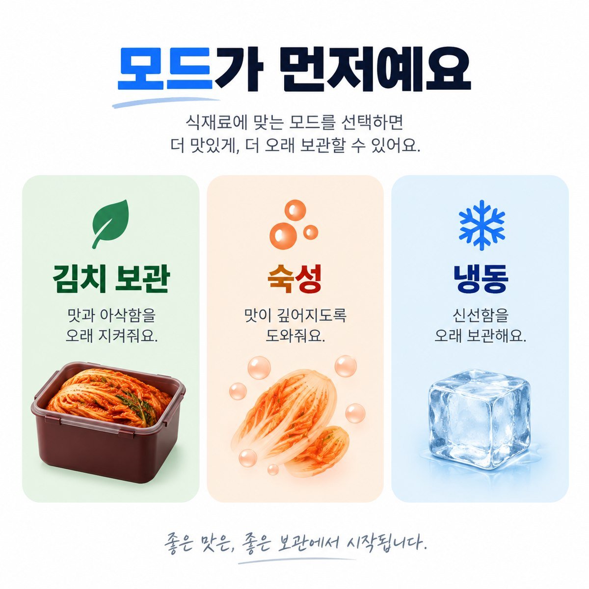 김치 보관·숙성·냉동 모드의 목적 비교