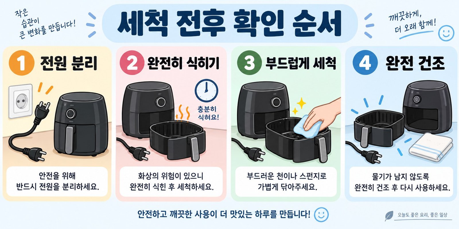 전원 분리·완전 냉각·부드러운 세척·완전 건조 순서