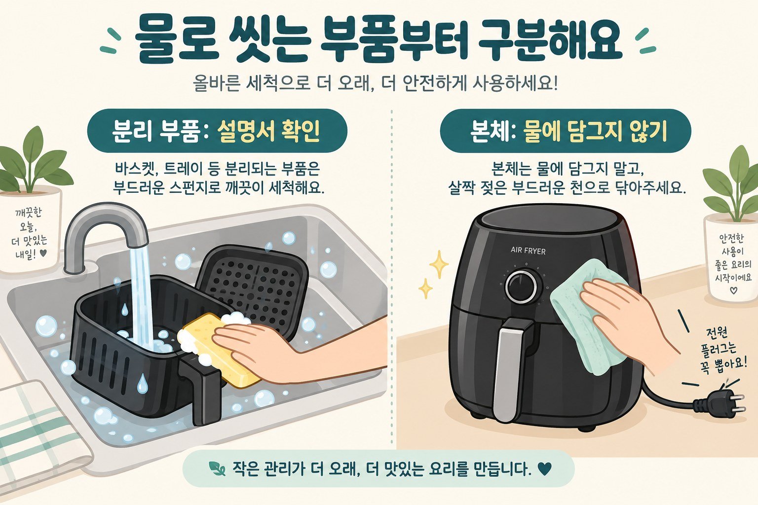 물세척할 분리 부품과 물에 담그지 않는 본체 구분